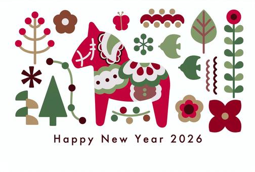 2026午年賀状87ダーラナホース横2 年賀状,午年,ダーラナホース,2026,北欧風,2026年,年賀,テンプレート,午,令和八年のイラスト素材