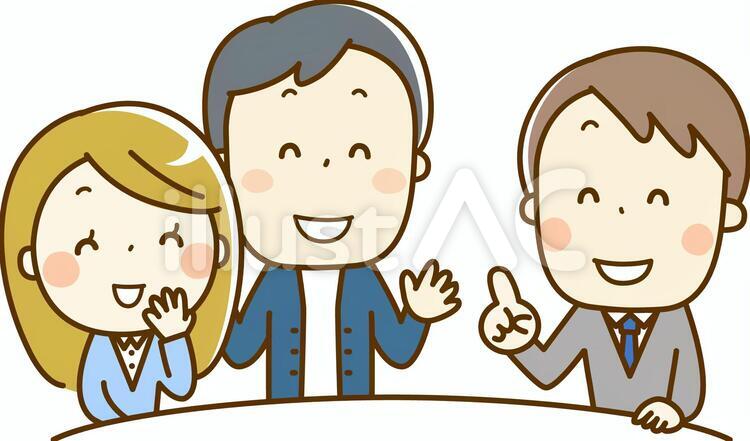 談笑をする男性店員と若い夫婦 相談,打ち合わせ,説明のイラスト素材