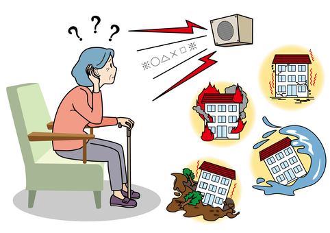 館内放送が聞こえないシニア女性 高齢者,シニア女性,聞こえない,老人性,難聴,館内放送,災害,地震,土砂災害,洪水のイラスト素材