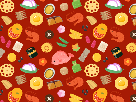 おせち料理のシームレスパターン02 おせち,おせち料理,お正月,新年,1月,食べ物,パターン,シームレス,黒豆,鯛のイラスト素材
