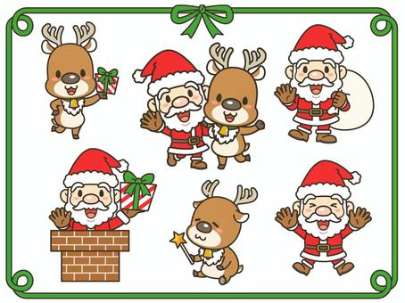 サンタとトナカイセット サンタ,サンタクロース,クリスマス,トナカイ,鹿,プレゼント,リボン,煙突,聖夜,帽子のイラスト素材