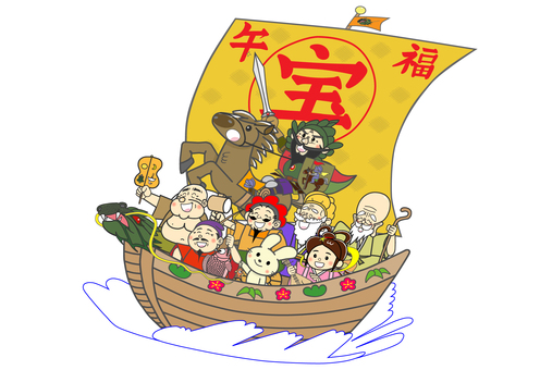 午年の幸せを呼ぶ七福神と馬が乗った宝船 七福神,宝船,午年,馬,布袋様,毘沙門天,福禄寿,寿老人,大黒様,恵比寿様のイラスト素材