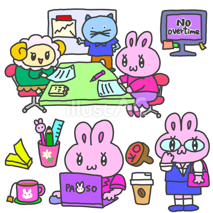 ピンクのうさぎの事務のお仕事セット ピンクのうさぎの事務のお仕事セット 仕事,ol,オフィスのイラスト素材