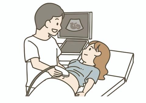 妊婦健診でエコー検査を受ける女性 妊婦健診,エコー,超音波検査,赤ちゃん,胎児,妊娠,診察,医師,看護師,病院のイラスト素材