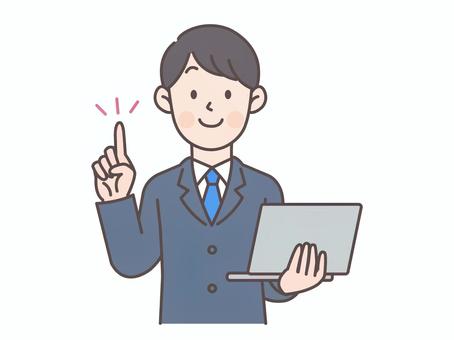 パソコンを持ちながら指差しする会社員男性 会社員,人物,男性,営業,スーツ,ビジネスマン,社会人,リクルート,リクルーター,ビジネスのイラスト素材