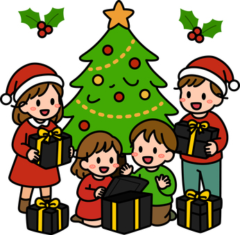 黒のプレゼントを貰う子供たちです。 プレゼント,シンプル,ギフト,喜ぶ,受け取り,サプライズ,笑顔,贈り物,手渡し,お祝いのイラスト素材