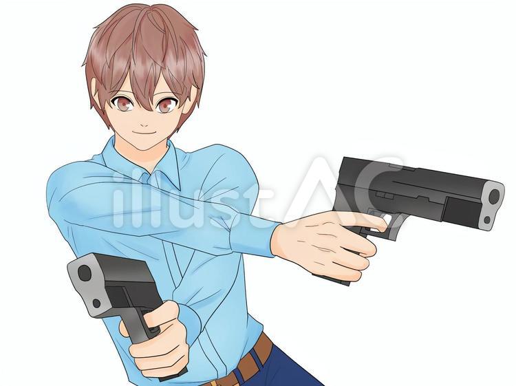 二丁の拳銃をクロスして構える男性 二丁拳銃,構える,茶髪のイラスト素材