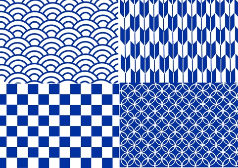 青色　和柄の壁紙　4種　１　手描き 和柄,壁紙,背景,青海波,矢絣,市松,七宝,青,和風,和のイラスト素材