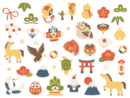 かわいいお正月のイラストセット 午年,馬,お正月,縁起物,2026年,令和8年,令和八年,午,和,日本のイラスト素材