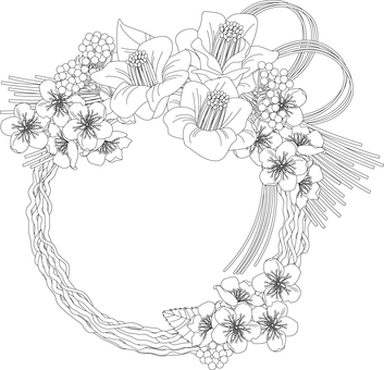 線画の花＜リース・椿＆梅＆千両2＞ 椿,ヤブツバキ,ヤマツバキ,千両,万両,梅,シンプル,フラワーアレンジ,丸,円のイラスト素材