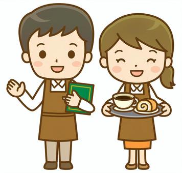 男女のカフェ店員(全身図) カフェ,喫茶店,レストラン,飲食店,飲食業,ウェイター,ウェイトレス,店員,従業員,スタッフのイラスト素材