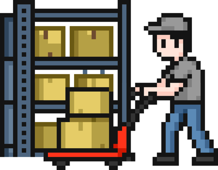 ドット絵の倉庫で働くグレーの作業員です。 ドット絵,作業員,シンプル,段ボール,台車,配送,運搬,荷物,引っ越し,倉庫のイラスト素材