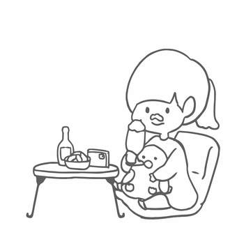 插图, 女孩, 晚上喝, 放松, 