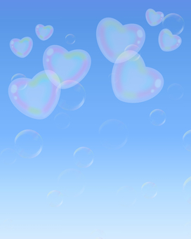 ハートのしゃぼん玉と青空の背景 しゃぼん玉,ハート,パステル,虹色,かわいい,背景,癒し,やさしい,明るい,幸せのイラスト素材