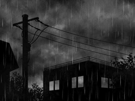 水彩の雨の夜の住宅街のシルエット背景 住宅街,雨,雨雲,背景,不吉,怖い,暗い,不穏,手描き,水彩のイラスト素材