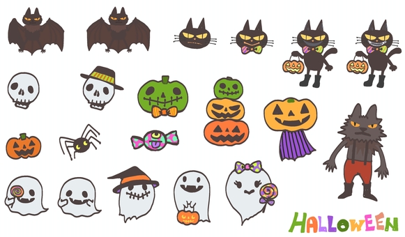 ハロウィンポップキャラ寄せ集め halloween,狼男,モンスター,飴,キャンディ,クモ,骸骨,骨,帽子,黒猫のイラスト素材
