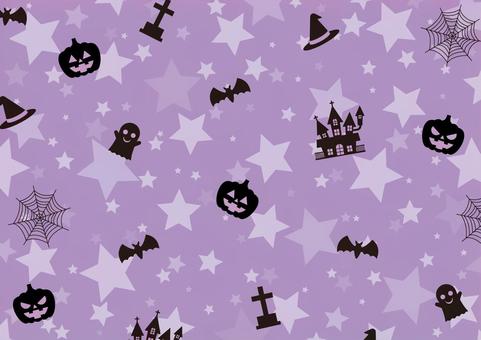 紫色のポップなハロウィンの背景素材 ハロウィン,秋,かぼちゃ,洋館,お化け,蝙蝠,蜘蛛の巣,お墓,帽子,星のイラスト素材