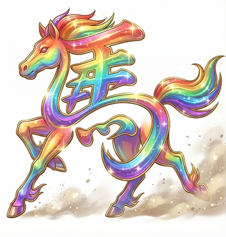 華やかに疾走する午年の馬 午年,文字絵,筆文字アート,動物イラスト,和モダン,虹色,金色,年賀状,疾走,躍動のイラスト素材