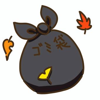 中身の入った黒色のゴミ袋と落ち葉 ゴミ袋,掃除,捨てる,道具,落ち葉,オレンジ,橙色,黄色,赤色,紅葉のイラスト素材