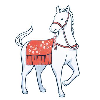 背に飾り布をかけた白馬 馬,午,白馬,午年,年賀,年賀状,干支,素材,紅白,手綱のイラスト素材