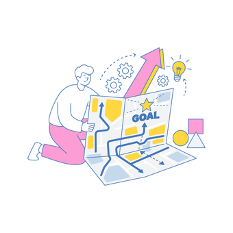 目標達成ルートを考える男性の図 人物,ビジネス,男性,目標,計画,達成,地図,分析,思考,戦略のイラスト素材