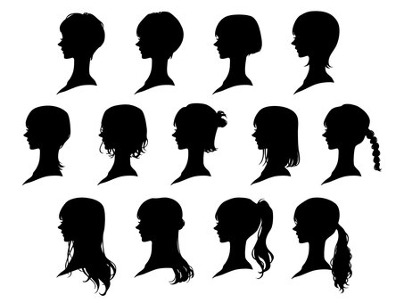 女性の横顔シルエットセット シルエット,女性,女,髪型,ヘアスタイル,ロング,ロングヘア,ショートヘア,ミディアム,ボブのイラスト素材
