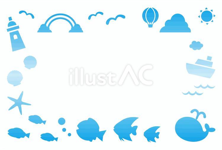 夏の海の水彩フレーム、スタンプ風、ブルー 夏,海,フレームのイラスト素材