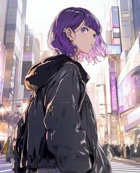 Purple-haired girl wearing a black hoodie, female, black, purple, JPG