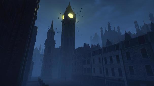 ダークファンタジーの時計台 ダークファンタジーの時計台 ファンタジー,時計塔,ゴシック建築,ロンドン,夜景,霧,鳥,静寂,都市,歴史のイラスト素材