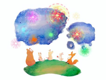 水彩　動物たちの花火大会 7月,8月,水彩,あしらい,夏,夏休み,花火大会,動物,クマ,猫のイラスト素材