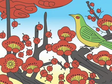 花札_梅ウグイス_短冊なし 花札_梅ウグイス_短冊なし 花札,ウグイス,梅,2月,和風,晴天,鳥,木,開花,春のイラスト素材