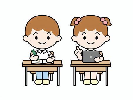 男の子と女の子授業 子ども,男の子,女の子,小学生,幼稚園,学校,ポーズ,正面,全身,授業のイラスト素材