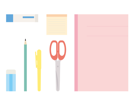 文房具セット 文房具,消しゴム,鉛筆,サインペン,ハサミ,ノート,メモ帳,糊,マーカー,付箋のイラスト素材