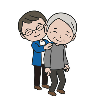介護する人 肩揉み,介護,手助け,ボランティア,人助け,笑顔,おねだり,おじいさん,男,普段着のイラスト素材