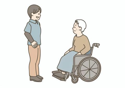 車椅子の高齢者と優しく話す介護士 介護士,高齢者,シニア,車椅子,車イス,介護,介助,福祉,医療,ヘルパーのイラスト素材