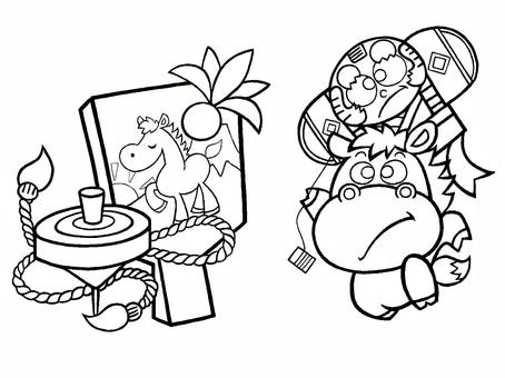 0104 午年 04（凧あげ）ぬりえ 馬,午年,コマ,羽子板,凧あげ,ぬりえのイラスト素材