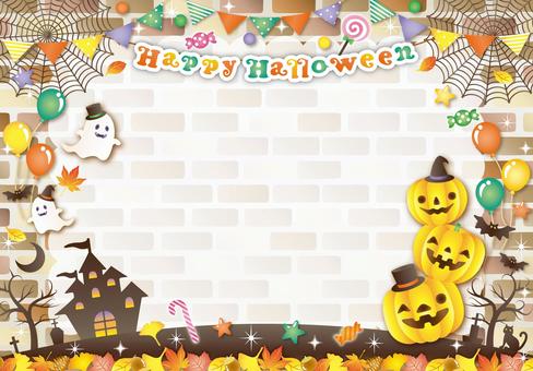 ハロウィンレンガフレーム ハロウィン,秋,紅葉,レンガ,キラキラ,かわいい,フレーム,背景,カード,メモのイラスト素材