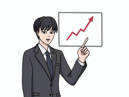 上昇グラフを指して説明するスーツ男性 グラフ,矢印,指差し,スーツ,男性,説明,ビジネス,上昇,右肩上がり,売上のイラスト素材