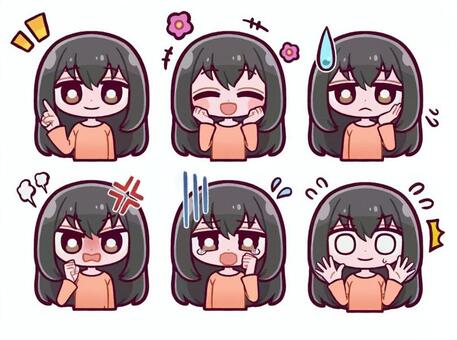ロングヘア女の子表情ポーズ6種漫符付き デフォルメ,手書き,少女,女,女性,表情,かわいい,ロングヘア,ポーズ,ポーズ集のイラスト素材