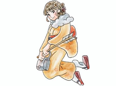 着物姿に破魔矢を持った女性・背景なし 破魔矢,厄除け,初詣,新年,あけましておめでとう,女性,女,女の子,かわいい,おしゃれのイラスト素材