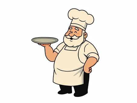 トレーを持ったシェフ シェフ,コック,料理人,笑顔,おじさん,おじいさんのイラスト素材