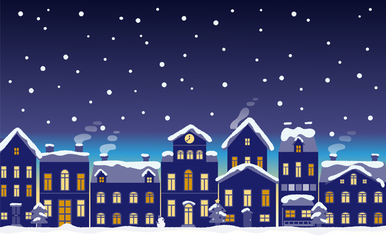 クリスマスの雪降る夜の街並み２ クリスマス,夜,街並み,街,家,建物,雪,冬,背景,壁紙のイラスト素材