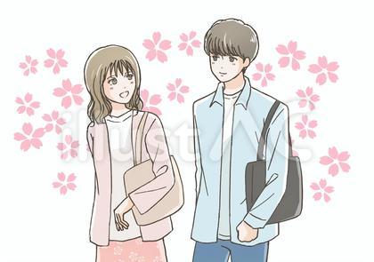 桜と男女カップルのイラスト(上半身)