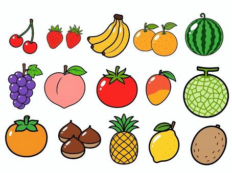 色々な果物のイラストセット 果物,植物,食べ物,農作物,青果,食品,手書き,ナチュラル,新鮮,季節のイラスト素材