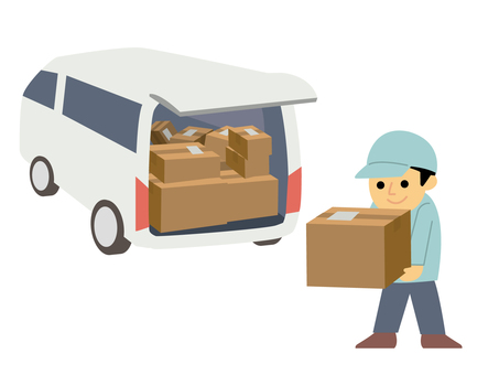 車から荷物を下ろす配達ドライバー 配達,配達員,荷物,ダンボール,宅配,配送,通販,ドライバー,男性,人物のイラスト素材