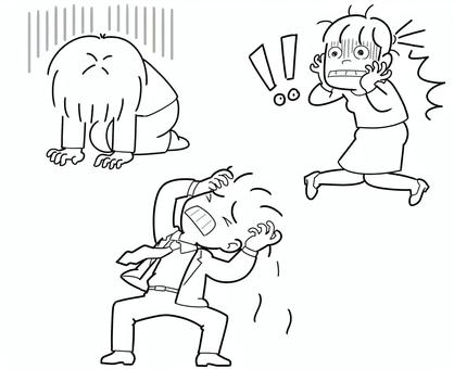 ショックを受けたポーズ３種　線画 ショック,驚く,挫折,あたま,抱える,悲愴感,線画,３種類のイラスト素材
