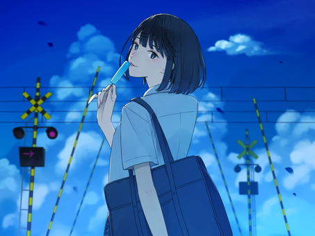 見返り少女 人物,女の子,女性,高校生,アイス,入道雲,青空,踏切,遮断機,夏のイラスト素材