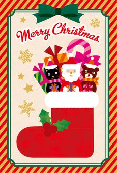 ポップなクリスマスカード04 クリスマス,サンタ,トナカイ,くま,ねこ,クリスマスリース,クリスマスツリー,ツリー,サンタクロース,メリークリスマスのイラスト素材