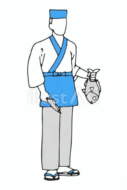 板前の男性（単色） 板前,包丁,魚のイラスト素材