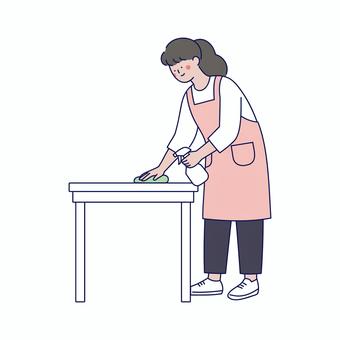 女性保育士の掃除シーンイラスト 人物,掃除,テーブル,拭く,除菌,女性,作業,清掃,エプロン,ピンクのイラスト素材